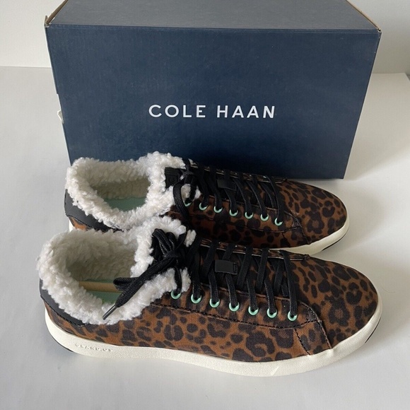 NEW Cole Haan Women's Grandpro Tennis Sneaker LEOPARD FAUX FUR SHOES Lace Up - Picture 4 of 5